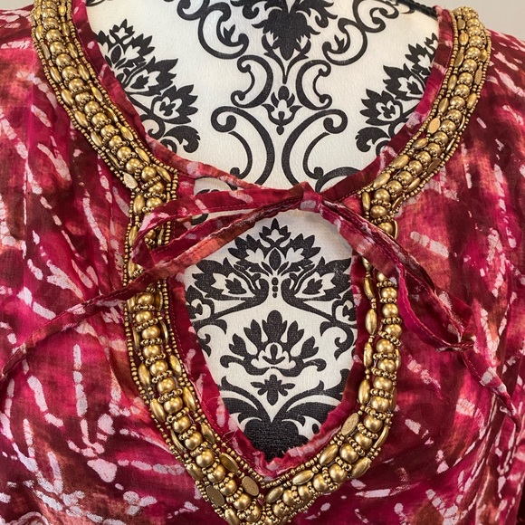 Sol & Mer One Size Red Tie Dye Like Swimsuit Cover-Up with Beaded Neckline - Picture 6 of 9